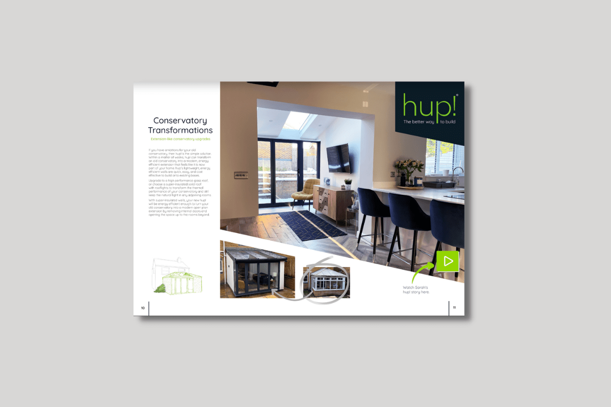 hup! brochure showing conservatory transformations and the hup! extension system