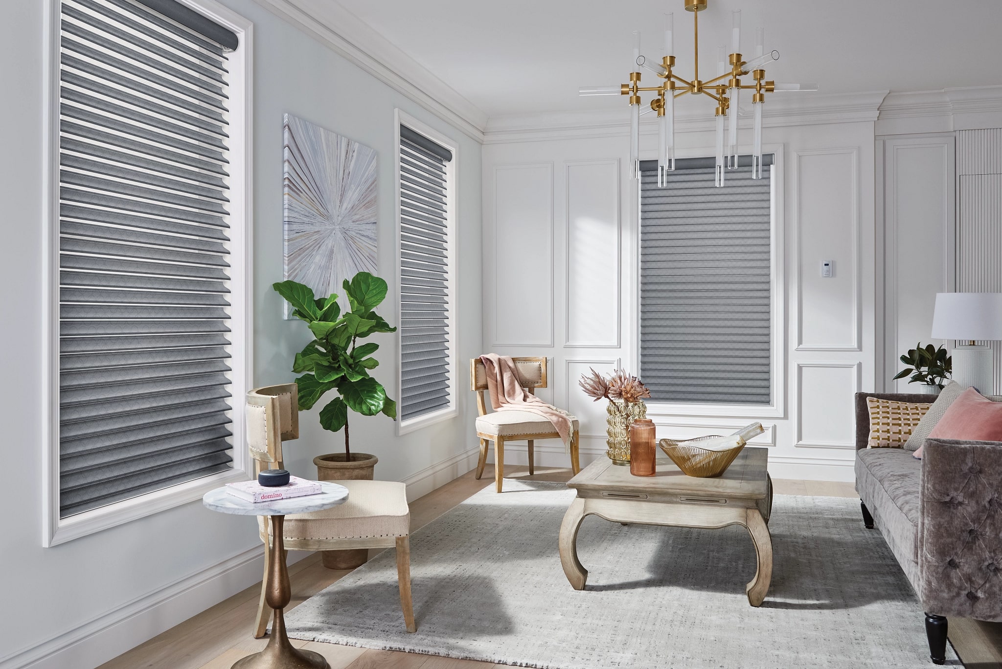 Warm room interior with sophisticated lighting and blinds