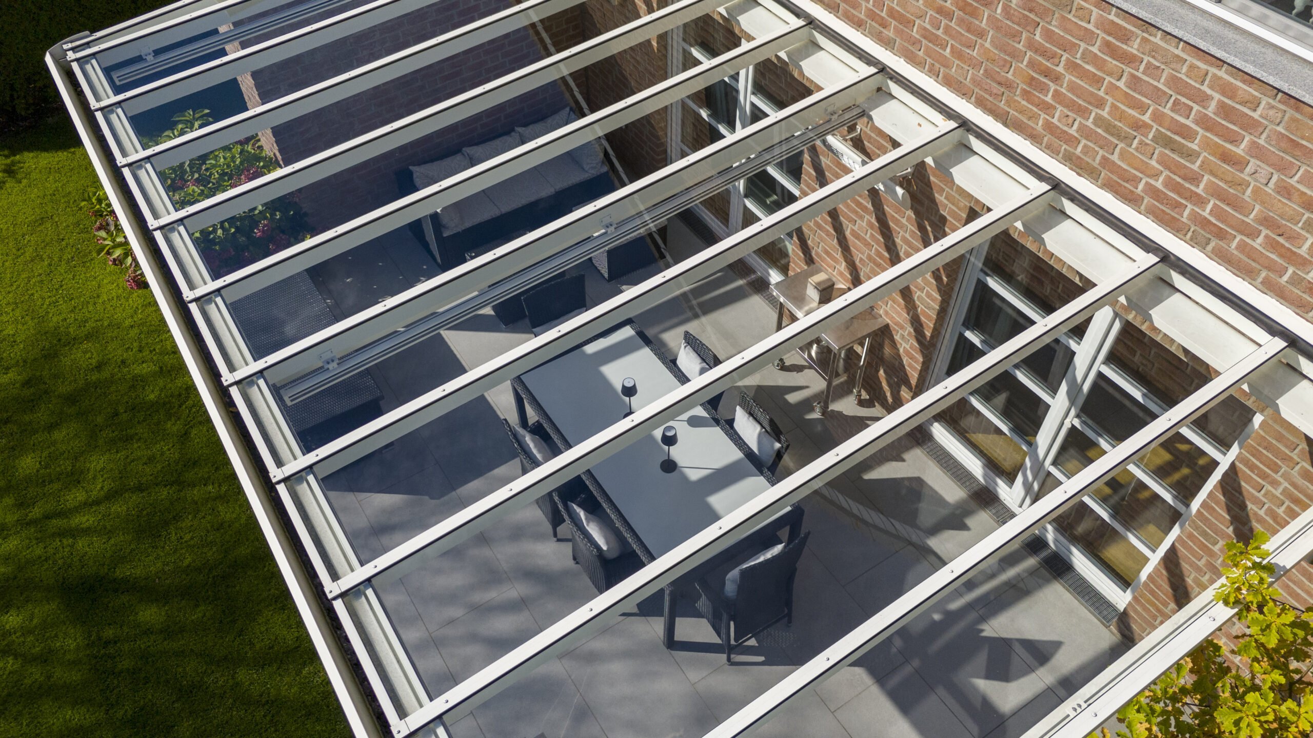 Aerial view of an aluminium veranda glass roof
