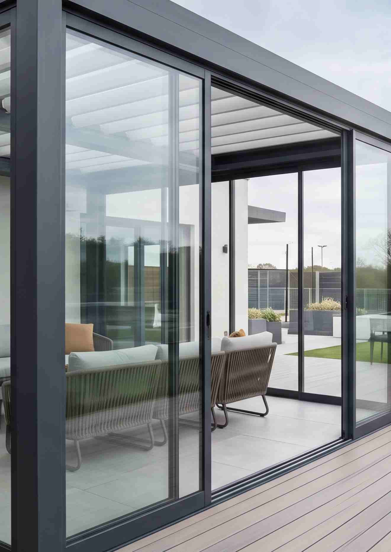 Glass garden room with sliding glass walls