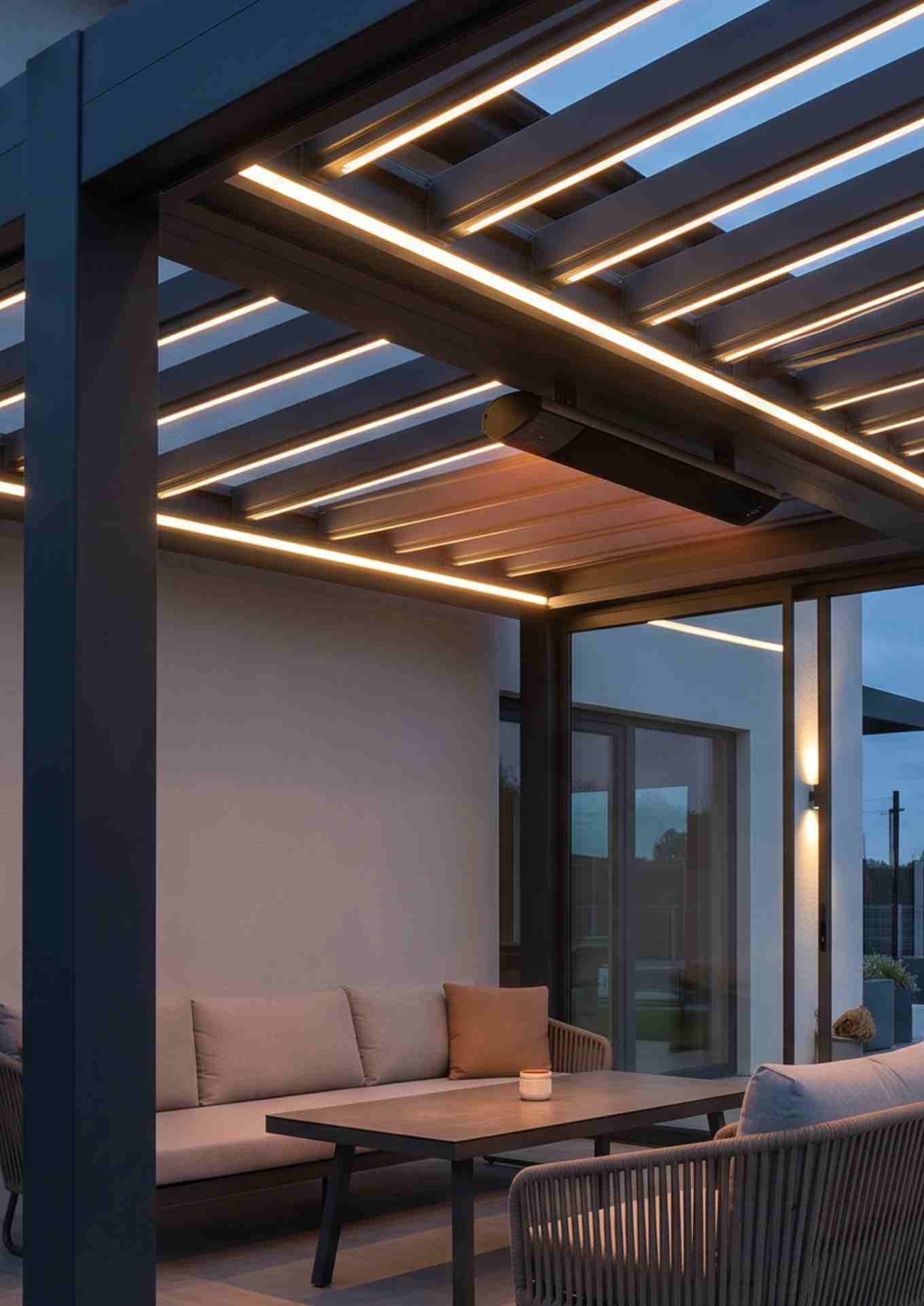 Integrated infrared heating and LED lighting under a veranda roof